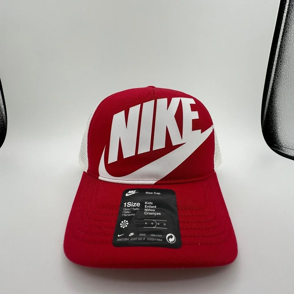 Nike Rise Trucker Cap Youth Kids One Size Snapback Red White Structured Hat NEW